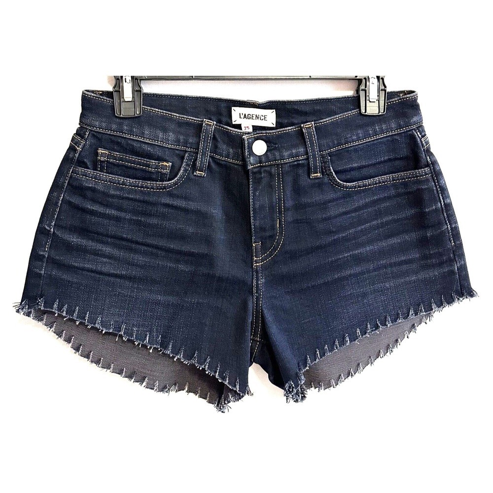L'AGENCE Jeans Short Women's Size 25 Mid Rise Raw Hem Dark Blue Denim